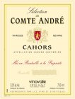 SELECTION DU COMTE ANDRÉ VIN ROUGE RED WINE CAHORS APPELLATION CAHORS CONTRÔLÉE MIS EN BOUTEILLE Á LA PROPRIÉTÉ BOUTEILLE VINOVALIE CÔTES D ' OLT 46140 PARNAC · FRANCE 13,5% ALC/VOL. 750ML PRO