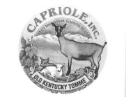 THE TEXT OLD KENTUCKY TOMME IS SHAPED IN A LOWER ARCH AND THE TEXT CAPRIOLE, INC. IS SHAPED IN AN UPPER ARCH AT THE TOP OF THE CIRCLE AND BELOW THAT TEXT, ALSO IN AN UPPER ARCH IS THE ADDRESS OF THE C