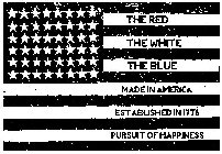 THE RED THE WHITE THE BLUE MADE IN AMERICA ESTABLISHED IN 1776 PURSUIT OF HAPPINESS