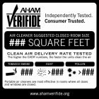 AHAM VERIFIDE INDEPENDENTLY TESTED. CONSUMER TRUSTED. AIR CLEANER SUGGESTED CLOSED ROOM SIZE SQUARE FEET CLEAN AIR DELIVERY RATE TESTED THE HIGHER THE CADR NUMBERS, THE FASTER THE UNITS CLEAN THE AIR 