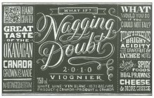 NAGGING DOUBT WHAT IF 2·0·1·0 VIOGNIER 750 ML WHITE WINE · VIN BLANC · 10.7% ALC./VOL. PRODUCT OF CANADA · PRODUCT DE CANADA HAND CRAFTED GREAT TASTE · OF THE · OKANAGAN CANADA GROWN & MADE NA