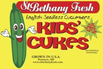 ST BETHANY FRESH ENGLISH SEEDLESS CUCUMBERS KIDS' CUKES THE HEALTHY SNACK FOR YOU AND YOUR KIDS GROWN IN U.S.A. PONTOTOC, MS WWW.STBETHANYFRESH.COM NO CHEMICAL PESTICIDES