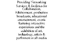 PROVIDING NETWORKING SERVICES & FACILITIES FOR COLLABORATION, EDUTAINMENT, PRODUCTION BROADCASTS, EDUCATIONAL ENTERTAINMENT, EVENTS FEATURING INTERACTIVE EXPERIENCES AND THE EXHIBITION OF ART, TECHNOL