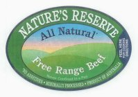 NATURE'S RESERVE ALL NATURAL FREE RANGE BEEF NEVER CONFINED IN A PEN NO ADDITIVES · MINIMALLY PROCESSED · PRODUCT OF AUSTRALIA PEEL HERE FOR COOKING DIRECTIONS