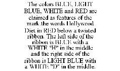 THE COLORS BLUE, LIGHT BLUE, WHITE AND RED ARE CLAIMED AS FEATURES OF THE MARK.THE WORDS HOLLYWOOD DIET IN RED BELOW A TWISTED RIBBON. THE LEFT SIDE OF THE RIBBON IS BLUE WITH A WHITE 
