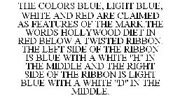 THE COLORS BLUE, LIGHT BLUE, WHITE AND RED ARE CLAIMED AS FEATURES OF THE MARK.THE WORDS HOLLYWOOD DIET IN RED BELOW A TWISTED RIBBON. THE LEFT SIDE OF THE RIBBON IS BLUE WITH A WHITE 