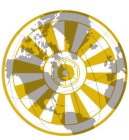 A BLACK AND WHITE GLOBE WITH A YELLOW WHEEL OVERLAY