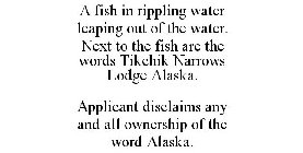 A FISH IN RIPPLING WATER LEAPING OUT OF THE WATER. NEXT TO THE FISH ARE THE WORDS TIKCHIK NARROWS LODGE ALASKA. APPLICANT DISCLAIMS ANY AND ALL OWNERSHIP OF THE WORD ALASKA.