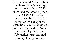 THE MARK OF SIR FOUNDATION CONTAINS TWO INTERSECTING ARCHES: ONE IS BLUE, PMS 7699, AND THE OTHER IS GREEN, PMS 382. THE ARCHES APPEAR ON THE UPPER LEFT CORNER OF THE NAME OF THE FOUNDATION, WHICH IS 