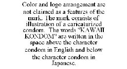 COLOR AND LOGO ARRANGEMENT ARE NOT CLAIMED AS A FEATURES OF THE MARK. THE MARK CONSISTS OF ILLUSTRATION OF A CARICATURIZED CONDOM. THE WORDS 