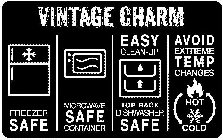 VINTAGE CHARM FREEZER SAFE MICROWAVE SAFE CONTAINER EASY CLEAN-UP TOP RACK DISHWASHER SAFE AVOID EXTREME TEMP CHANGES HOT COLD