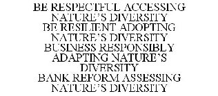 BE RESPECTFUL ACCESSING NATURE'S DIVERSITY BE RESILIENT ADOPTING NATURE'S DIVERSITY BUSINESS RESPONSIBLY ADAPTING NATURE'S DIVERSITY BANK REFORM ASSESSING NATURE'S DIVERSITY