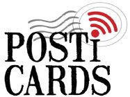 IMAGE OF CANCELLED STAMP WITH INTERNET SIGNAL SYMBOL SLIGHTLY SLANTED TO THE RIGHT IN RED WITH THE WORD POSTI BELOW IT AND THE I OF POSTI UNDER THE INTERNET SYMBOL AND THE WORD CARDS DIRECTLY BELOW TH