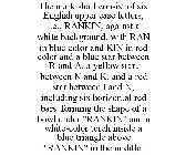 THE MARK SHALL CONSIST OF SIX ENGLISH UPPER CASE LETTERS, I.E., RANKIN, AGAINST A WHITE BACKGROUND, WITH RAN IN BLUE COLOR AND KIN IN RED COLOR AND A BLUE STAR BETWEEN R AND A, A YELLOW START BETWEEN 