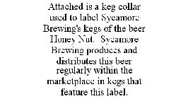 ATTACHED IS A KEG COLLAR USED TO LABEL SYCAMORE BREWING'S KEGS OF THE BEER HONEY NUT. SYCAMORE BREWING PRODUCES AND DISTRIBUTES THIS BEER REGULARLY WITHIN THE MARKETPLACE IN KEGS THAT FEATURE THIS LAB