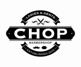 LADIES & GENTS ABOVE BANNER, CHOP BARBERSHOP MIDDLE BANNER, ESTABLISHED 2015 BELOW BANNER