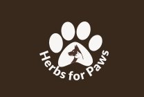 HERBS FOR PAWS IN WHITE LOWER CASE TEXT ON BROWN BACKGROUND WITH IMAGE OF DOG PAWS IN WHITE DIRECTLY ABOVE THE CIRCULAR TEXT AND IMAGE OF DOG AND CAT EMBEDDED INTO THE WHITE PAW DESIGN