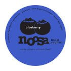 BLUEBERRY NOOSA FINEST YOGHURT ALL NATURAL INGREDIENTS · GLUTEN FREE · PROBIOTIC · FROM HAPPY COWS NEVER TREATED WITH RBGH* AUSSIE CULTURE * COLORADO FRESH
