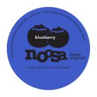 BLUEBERRY NOOSA FINEST YOGHURT ALL NATURAL INGREDIENTS · GLUTEN FREE · PROBIOTIC · FROM HAPPY COWS NEVER TREATED WITH RBGH* AUSSIE CULTURE * COLORADO FRESHAL INGREDIENTS · GLUTEN FREE · PROBIOTIC