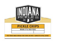 INDIANA PICKLE CO. EST. 2015 PICKLE CHIPS INDIANA STYLE BEER PICKLE LOCAL PRODUCE BRINED IN INDIANA'S FINEST BREWS AND SPIRITS HANDCRAFTED IN SMALL BATCHES