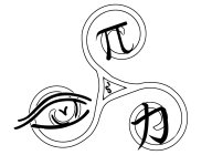 A THREE LEGGED SPIRAL WITH THE MATHEMATICAL SYMBOL FOR PI IN THE TOP SPIRAL, THE CHINESE SYMBOL FOR STRENGTH IN THE RIGHT HAND SPIRAL, AN EYE SYMBOL IN THE LEFT HAND SPIRAL AND THE S3 IN THE CENTER TR
