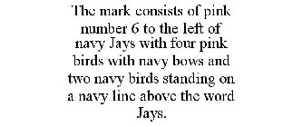 THE MARK CONSISTS OF PINK NUMBER 6 TO THE LEFT OF NAVY JAYS WITH FOUR PINK BIRDS WITH NAVY BOWS AND TWO NAVY BIRDS STANDING ON A NAVY LINE ABOVE THE WORD JAYS.