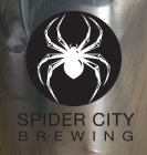 THE WORDING SPIDER CITY BREWING IN BLACK AND A SPIDER WITH A WHITE BODY INSIDE A BLACK CIRCLE