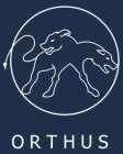 TWO-HEADED DOG, WITH SNAKE TAIL INSIDE OF A CIRCLE SHAPE, THE WORD ORTHUS IS THE MARK.