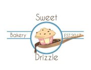 SWEET DRIZZLE BAKERY EST. 2017 - A CUPCAKE IN A WOODEN SPOON FULL OF DRIPPING CHOCOLATE ALL INSIDE A CIRCLE