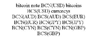 BITCOIN NOTE BCN(USD) BITCOINS BCS(USD) CURRENCYS BCN(AUD) BCS(AUD) BCS(EUR) BCN(EUR) BCN(JPY) BCS(JPY) BCN(CYN) BCS(CYN) BCN(GBP) BCS(GBP)
