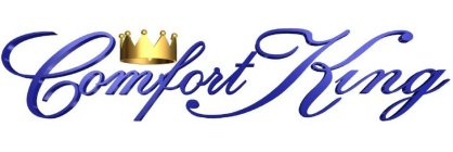 THE WORDS COMFORT KING ARE STYLIZED IN A CURSIVE FONT IN ROYAL BLUE. A GOLD CROWN RENDERED IN 3 DIMENSIONS FLOATING ABOVE THE WORDS COMFORT KING
