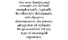 OUR MOST FUNDAMENTAL CONCEPTS ARE DEFINED METAPHORICALLY, TYPICALLY BY SUBJECTIVE DETERMINATE, AND OBJECTIVE DEMONSTRATION, THE PRIMARY INTERPRETERS OF CERTAINTY, THE PRECONDITION FOR ANY TYPE OF MEAN