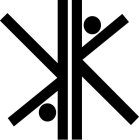 A FORWARD LETTER K-LIKE ELEMENT AND A BACKWARD LETTER K-LIKE ELEMENT SITUATED NEXT TO EACH OTHER WITH A DOT SPACED WITHIN EACH K-LIKE ELEMENT