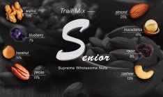 TRAIL MIX SENIOR SUPREME WHOLESOME NUTS WALNUT 15% BLUEBERRY 7% HAZELNUT 10% PECAN 10% ALMOND 25% MACADAMIA 10% RAISIN 8% CASHEW 15%