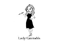 THE MARK CONSISTS OF A TALKING FEMALE CANNABIS BUD WITH HUMAN FEATURES SMOKING A JOINT AND WEARING A DRESS WITH THE WORD 