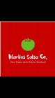 GREEN TOMATO WITH RED BACKGROUND AND WHITE LETTERING OF MARLINS SALSA CO. UNDERNEATH