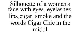 SILHOUETTE OF A WOMAN'S FACE WITH EYES, EYELASHES, LIPS,CIGAR, SMOKE AND THE WORDS CIGAR CHIC IN THE MIDDL