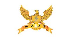 A GOLDEN EAGLE WITH BODY AS A GOLDEN SHIELD, WHICH CONTAINS A GRAY CHINESE CHARACTER ?THAT IS WRITTEN IN SEMI-CURSIVE SCRIP FONT, AND A GOLDEN RIBBON BAR WITH FOUR BLACK ENGLISH LETTERS SZJT THAT WERE