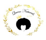QUEEN NATURALS IN A CURSIVE FONT ABOVE FEMALE ICON. QUEEN NATURALS IS ALSO CURVED BELOW THE WREATH THAT SURROUNDS THE FEMALE, FOLLOWING THE SAME CURVED PATTERN. 