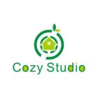COZY STUDIO. (CO-ZEE STU-DI-O) GREEN AND LIGHT GREEN LOGO WITH HOUSE, AND BROKEN CIRCLE WITH LEAVES