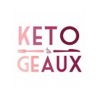 KETO TO GEAUX IN THE COLORS PINK THAT FADE TO PURPLE WITH A FORK AND KNIFE THAT SURROUND THE WORD TO