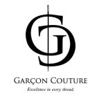 THE CAPITAL LETTERS G AND C. THE LETTER G IS RIGHT SIDE UP, THE LETTER C IS UPSIDE DOWN, AND THE LETTERS APPEAR TO INTERSECT WITH ONE ANOTHER. THE NAME OF THE COMPANY GARÇON COUTURE IN CAPITAL LETTER