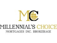 THERE ARE TWO LETTERS AT THE VERY TOP; THE LETTER M AND THE LETTER C. UNDERNEATH THESE TWO LETTERS, THERE ARE THE FOLLOWING WORDS/PUNCTUATION: MILLENNIAL'S CHOICE MORTGAGES INC. BROKERAGE