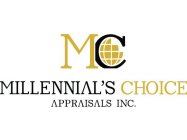 THERE ARE TWO LETTERS AT THE VERY TOP; THE LETTER M AND THE LETTER C. UNDERNEATH THESE TWO LETTERS, THERE ARE THE FOLLOWING WORDS/PUNCTUATION: MILLENNIAL'S CHOICE APPRAISALS INC.