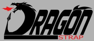 THERE IS A DRAGON IMAGE CONNECTED TO THE WORD DRAGON, THE WORD IS IN BLACK AND UNDERLINED. STRAP IS IN RED AND UNDERNEATH THE WORD DRAGON AND ADJACENT TO THE BLACK UNDERLINE OF DRAGON. THE FIRE, DRAGO