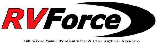 THE PHRASE RVFORCE AND A TAG LINE FULL-SERVICE RV MAINTENANCE AND CARE. ANYTIME. ANYWHERE..