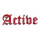 OLD ENGLISH LETTERING SPELLING OUT THE WORD ACTIVE INCORPORATING BANDANNA PRINTED PATTERN THAT FILLS THE INSIDE OF EACH LETTER ACCOMPANYING VARIOUS SOLID COLORS AS A BACKDROP ALL WITHIN THE CONFINES O