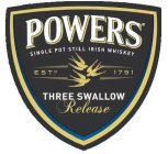 POWERS SINGLE POT STILL IRISH WHISKEY ESTD. 1791 THREE SWALLOW RELEASE