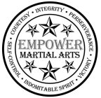 EMPOWER MARTIAL ARTS INDOMITABLE SPIRIT VICTORY PERSEVERANCE INTEGRITY COURTESY SELF-CONTROL