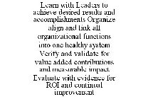 LEARN WITH LEADERS TO ACHIEVE DESIRED RESULTS AND ACCOMPLISHMENTS ORGANIZE ALIGN AND LINK ALL ORGANIZATIONAL FUNCTIONS INTO ONE HEALTHY SYSTEM VERIFY AND VALIDATE FOR VALUE ADDED CONTRIBUTIONS AND MEA